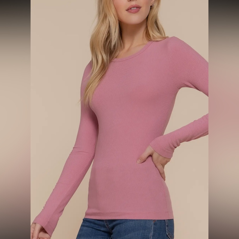 ShopEvelynne Pink Long Sleeve Crew Neck Rayon Rib Knit Tee - Picture 3 of 8